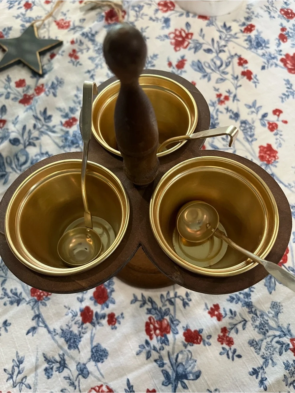 Vintage, Mid-Century Modern Wooden Condiment Holder with Gold Bowls & Ladles